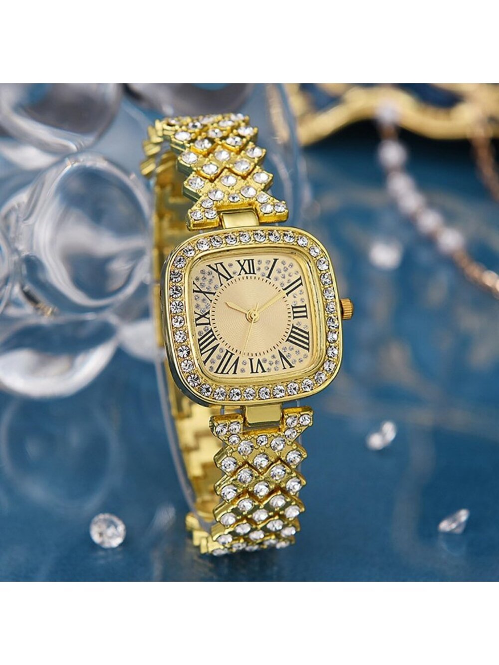 Women's Gold Fashion Luxury Vintage Diamond Square Digital Quartz Watches - Picture 3 of 5